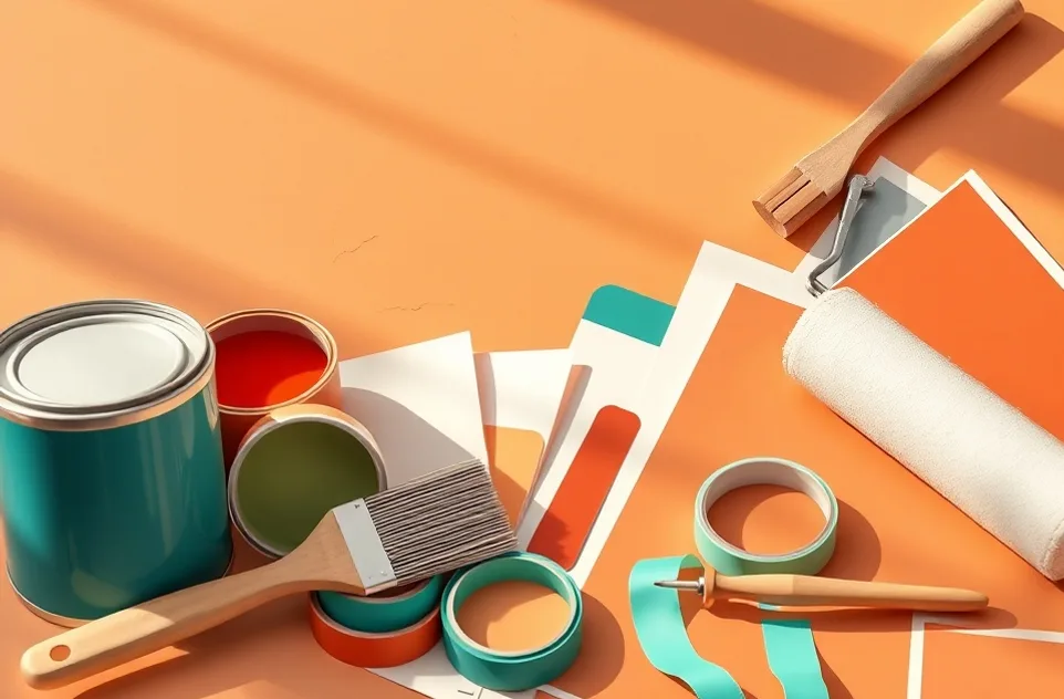 Pots de peinture, nuancier, brosses et rouleaux disposés à plat