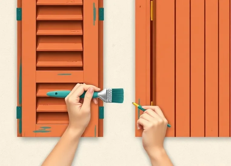 Mise en peinture au pinceau de volets et d'encadrements en bois