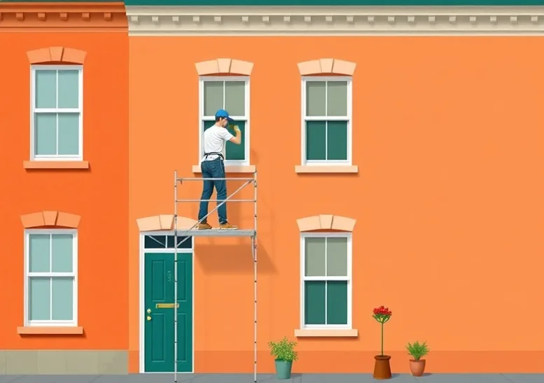 Peintre sur échafaudage traitant la façade d'une maison